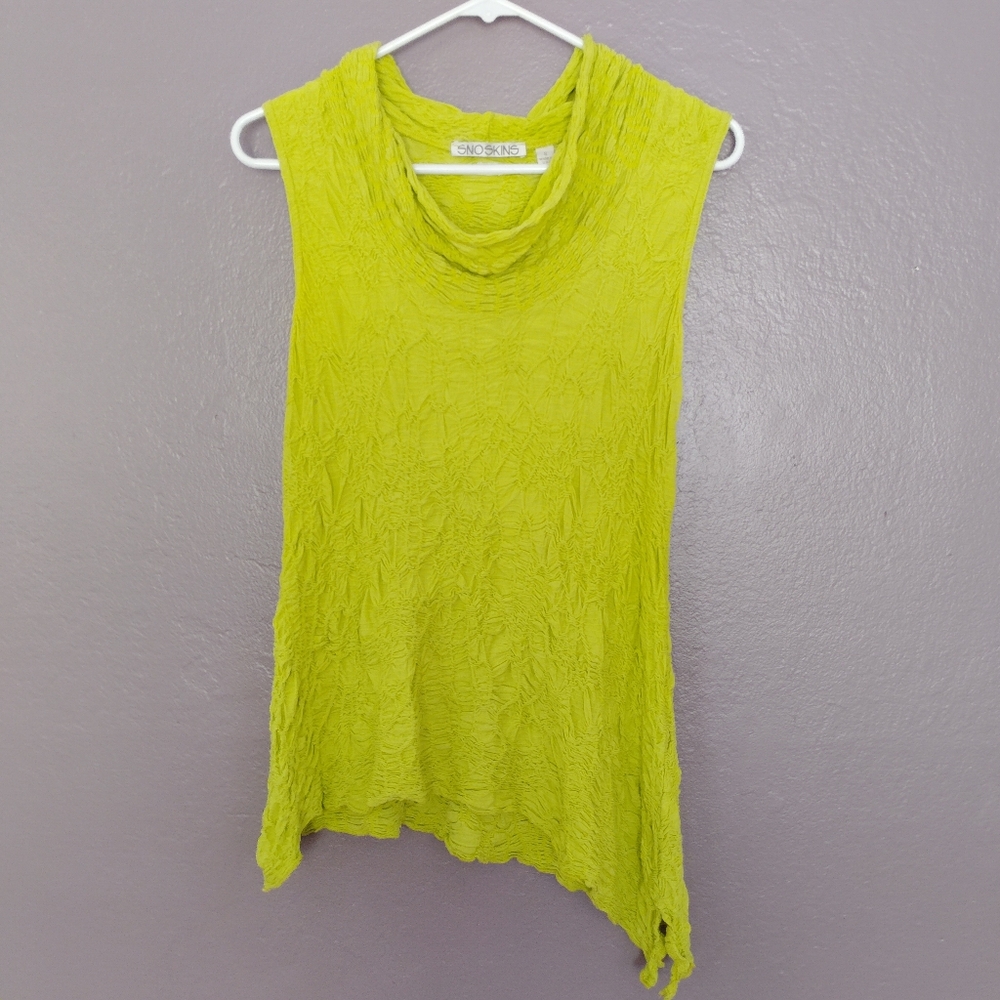 Snoskins Slinky Draped Sleeveless Top Lime Green Crinkled Asymmetrical Blouse S